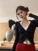 2024 Otoño Retro Americano Spice Girl Colgante Cuello Manga Larga Tejido Falso Dos Piezas Camiseta Sexy Deseo Puro Nicho Top