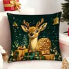 Funda de Almohada Estampada Verde Oscuro de Reno y Elfo del Bosque Navideño, Funda de Cojín Cuadrado Desmontable y Lavable, Decoración Vintage de Sofá de Bosque