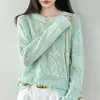 Camisa base de crochê vazada para mulheres, estilo fino, nova camada interna para primavera/verão, blusa de tricô de corte solto, elegante blusa de algodão puro de manga comprida
