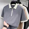 Camisa de Tricô Jacquard Respirável de Seda Gelada de Manga Curta com Gola para Homens, Estilo Coreano Tendência Slim Fit Versátil Camisa Casual Top para Homens