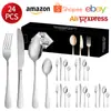 Conjunto de talheres de aço inoxidável 1010 para exportação da Amazon, hotel, banhado a titânio, faca de bife ocidental, garfo, colher, colher de chá, conjunto de 24 peças