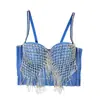Colete Jeans Street Sexy Spice Girl Feminino Estilo Rock de Grupo Peixe Costela Franja Prismática Alça de Ombro para Barriga