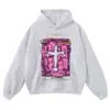 Sudadera con Capucha Otoño/Invierno Vintage con Capucha Cruz Graffiti Lavada Estampado Vintage Estilo Americano Sudadera Rota