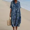 Nuevo Vestido Camisa para Mujer Tallas Grandes con Bolsillos de Color Sólido y Mangas Cortas, Vestido Tipo Cortavientos Falso con Temática Oceánica