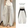 Pantalones Casuales de Lino Transpirable de Verano con Lunares y Plátano para Mujer con Cintura Elástica y Cordón Pantalones de Pierna Ancha Estilo Nuevo Ajuste Holgado Pantalones Curvos