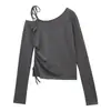 Camiseta Chic de Encaje con Cordones y Hombros Descubiertos de Estilo Coreano para Mujer, Temporada de Primavera y Otoño, Estilo Chica Picante Pura Deseo, Top Irregular con Cordón para Ceñir la Cintura
