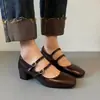 Versão em Couro~Sapatos Mary Jane Quadrados Retrô Franceses com Salto Grosso para Mulheres com Tira Única Salto Alto e Sapatos Individuais em Couro Texturizado