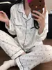 Pijama Fofo de Seda Sintética para Mulheres Primavera e Outono Manga Longa Calça Longa Gatinho Doce Toque de Luxo Conjunto para Casa