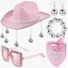5 Piezas Sombrero de Vaquero Bola de Discoteca Rosa Brillante Sombrero de Vaquera Brillante con Pendientes de Pulsera Bufanda Cuadrada Gafas Fiesta