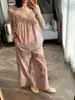 Conjunto de dos piezas de pijama para mujer estilo francés con ribete de encaje, color rosa nude suave, para verano, talla grande, camisola y pantalón largo, dos piezas de ropa para el hogar amigable con la piel