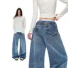 Jeans de Perna Larga com Padrão de Bambu Azul Retrô para Mulheres e Homens, Verão, Design de Botão Parisiense, Perna Curva, Perna Reta Solta, Calças Compridas