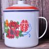 Taza de Esmalte Nostálgica con Tapa, Taza de Té de Hierro Vintage, Taza de Agua con Flor de Doble Felicidad Old-Fashioned de Gran Capacidad Engrosada Venta al por Mayor