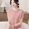 Estilo Ocidental Mãe Verão Manga Curta Camisa Seda Gelo Meia-idade e Idosa Verão Novo Estilo Blusa Feminina Fina Gola Redonda Solta