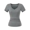 Buen Ajuste, Cintura Pequeña Camiseta, Top de Manga Corta Tencel Lyocell, Cuello en V, Hombro Derecho, Cintura de Aspecto Adelgazante, Camisa Básica Plisada, Camiseta