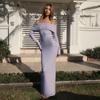 Yl24318Mho Vestido Largo de Punto de Hombro Único Estilo Europeo y Americano Suave con Mangas Largas Elásticas, Hombros Descubiertos, Corte Ajustado y Vestido Bodycon