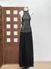 Temperamento, Desejo Puro, Vestido Preto Sexy de Lantejoulas, Design Gola Halter sem Mangas Costas Abertas, Lindo Vestido Longo de Banquete