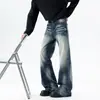 Jeans Americano Retrô Lavado Bigodes de Gato para Homens Senso de Design Marca Nicho Tendência Corte Solto Desgastado Micro Flare Perna Reta Calça Longa