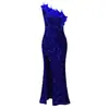 C8591 Aliexpress Nuevo Vestido de Fiesta de Verano Sexy de Moda con Plumas Asimétrico al Cuello Lentejuelas Abertura Vestido Largo