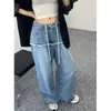 Pantalones Largos de Moda Versátiles de Cintura Alta Ajustados 2025 Deshilachados con Cordón Diseño de Retazos Jeans de Pierna Ancha para Mujer