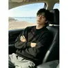 Moletom masculino trendy estilo retrô americano com letra bordada, forrado com fleece, espesso, gola redonda, manga longa, top simples e versátil
