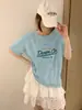 Camiseta de Algodón de Verano con Copos de Nieve, Bloques de Color, Forma de Arco de Trece Líneas, Cuello Redondo, Corte Ajustado, Mangas Cortas Versátiles