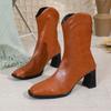 2025 Novo Outono e Inverno Salto Grosso Salto Alto Bico Quadrado Botas Cowboy Ocidentais para Mulheres Europeu e Americano Boca em V Zíper Traseiro Exportação Botas Femininas
