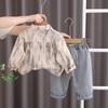 Otoño 2024 nueva camisa retro de solapa para niños traje de manga larga pantalones vaqueros casuales para niños conjunto de dos piezas