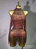 Macacão de Rede com Gola Halter de Manga Longa com Franjas de Strass para Performance de Cantora em Palco de Boate - Venda Quente Transfronteiriça Europeia e Americana