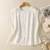 Camisa de Sarja de Linho Respirável Cor Sólida Gola Redonda Botão Diagonal para Mulheres, Top Casual Irregular de Verão
