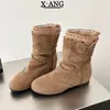 Botas Plataforma Retrô de Couro Empilhadas para Mulheres 2026 Novas Botas Curtas Botas de Cowboy Ocidentais