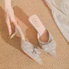 Zapatillas de Verano de Malla con Infrarrojos para Mujer, Estilo Socialité Francés, Perla Baotou, Sandalias de Un Pedal con Lazo y Tacón Alto