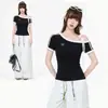 Camiseta de Manga Corta para Mujer con Parche de Rayas en Contraste, Diseño de Verano 2026, Top Corto Ajustado