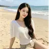 Camiseta de Manga Corta de Seda Helada con Pliegues Super Elegante para Mujer, Nueva Moda de Verano, Ceñida a la Cintura, Corte Ajustado, Top de Punto Versátil