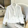 Blusa de chiffon branca de manga longa estilo coreano soltinha com gravata borboleta para outono, estilo elegante para mulheres