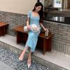 Moda Femenina Nueva de Verano Sexy con Cuello Vestido Largo de Encaje Grueso de Cintura Alta Adelgazante Manga Corta Azul