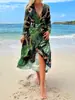 Mono de mujer europeo y americano de primavera y verano 2024, moderno, elegante, con cuello en V, cordones, estampado de hojas verdes en gasa, de gran vuelo