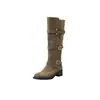 Botas de Montaria de Camurça de Vaca Estilo Britânico com Fivela Cano Alto Outono/Inverno 2026 Salto Grosso Salto Médio Bico Redondo Couro Genuíno Botas Longas Femininas
