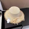 Sombrero de Paja para Vacaciones Borde Francés Lazo Concha Sombrero Plano para Playa Verano Puntada Dulce Color Sombrero de Paja Superior