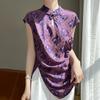 Verano Nuevo Estilo Chino Estilo Nacional Cuello con Botones Jacquard Satén Manga Dividida Irregular Camisa para Mujer