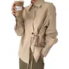 Camisa chique coreana de outono, simples e única, com amarração, na cor damasco claro, tamanho único, ombro a ombro cáqui, direto da fábrica, alta elasticidade