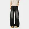Jeans de Sarja Lavada Preto Tendência para Homens, Calças Retas Vintage Desgastadas de Verão, Calças de Comprimento Total High Street 2026
