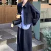 Conjunto casual de trabalho azul marinho, com corte relaxado, para mulheres, nova coleção outono 2026, apresentando uma camisa falsa de duas peças e calças de perna larga