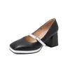 Nova fivela de cinto bico quadrado boca rasa sapatos femininos de primavera e outono salto alto grosso sapatos de salto único 33-48 sapatos de comércio exterior