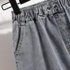Toma real de shorts de mezclilla de tiro alto, holgados, adelgazantes, para tallas grandes, pantalones de pierna ancha, jeans lavados con dobladillo enrollado