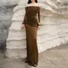 Vestido de Malha Patchwork Plissado Ombro a Ombro One-Shoulder Manga Longa Feminino Estilo Outono Banquete Bodycon Saia Longa