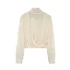 Novedad para Otoño 8/10 Principios de Otoño Estilo Francés Suave y Elegante Diseño Cruzado Manga Larga Cuello con Volantes Camisa de Mujer F1097