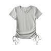Camiseta de manga corta con cuello en V pequeño y diseño de estilo europeo y americano para mujer, nueva camiseta de verano con cordón lateral plisado y fina para chica sexy