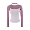 Camiseta de estilo suave color púrpura de taro, diseño de color contrastante de dos piezas falsas, cuello halter, manga larga, corte ajustado, top corto de cuello cuadrado, sin botones