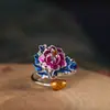 Anillo de Flor de Peonía Azul Quemado Estilo Étnico de Moda para Viajeros Anillo de Flor de Loto Creativo Plata Pura 9999