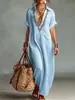 Primavera/Verano 2026 Estación Independiente de Amazon Nuevo Vestido Casual de Algodón y Lino con Bolsillo Bordado para Mujer, Holgado, Cuello Solapa